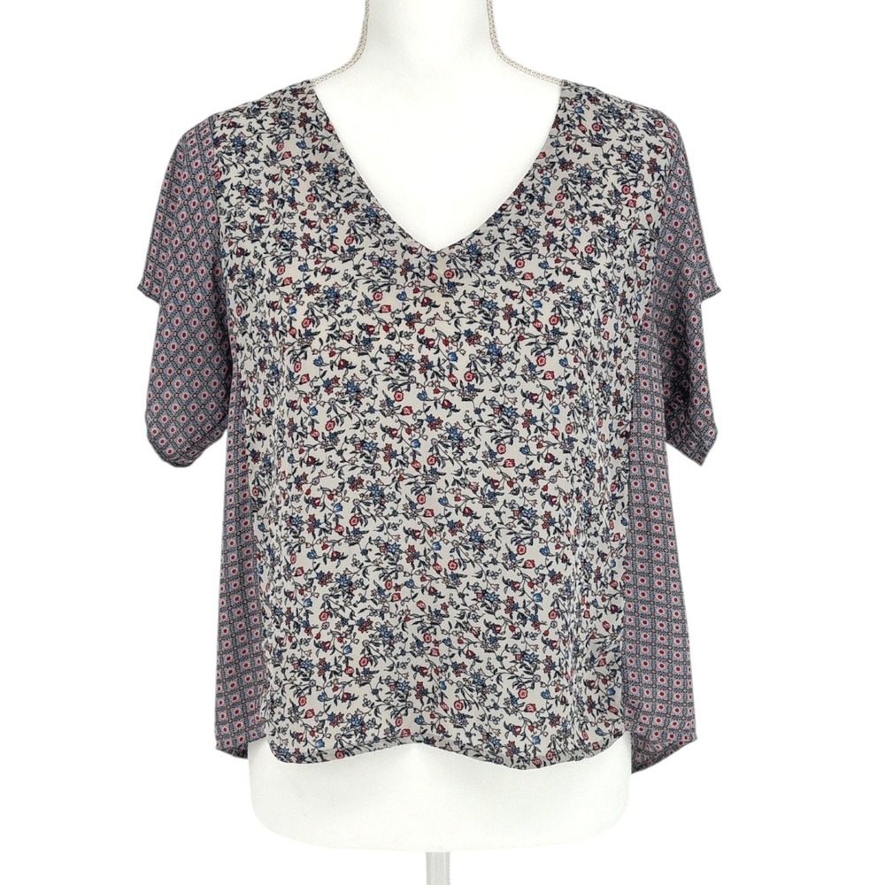 Meraki Floral Geometric Mixed Print Top V-Neck Short Sleeve  Womens Small Boho